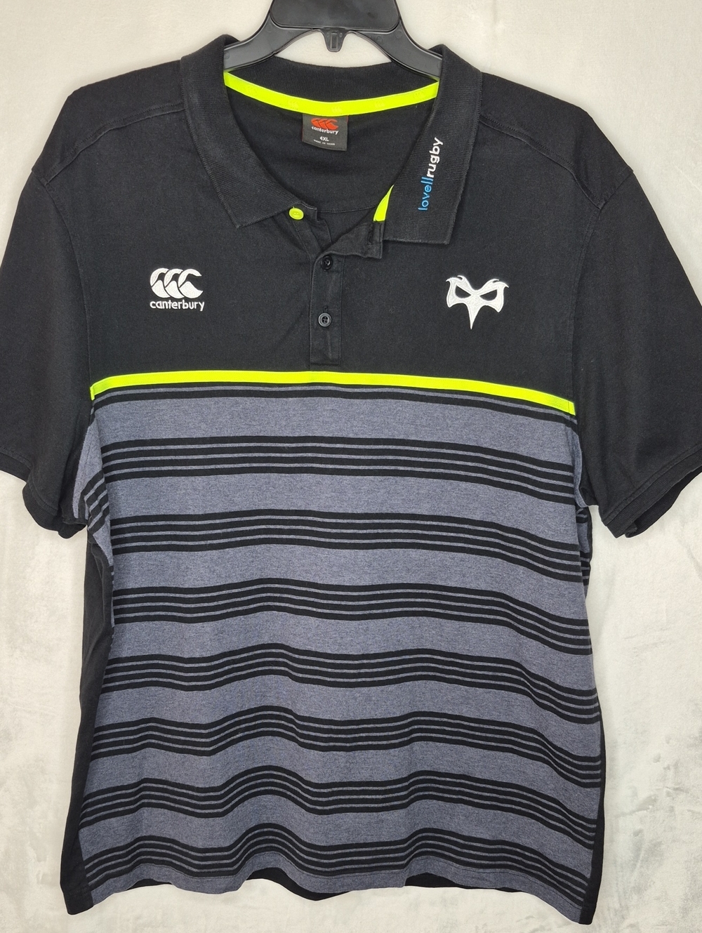 Canterbury Ospreys Rugby Stripe Polo Shirt Mens 4XL Black Gray Yellow